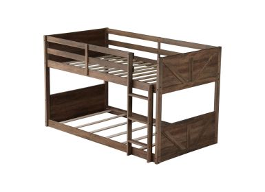 Twin over Twin Floor Bunk Bed with Panelled Headboard and Footboard, Solid Rubber Wood Foundation with Safety Guardrails, Built-in ladder,Antique