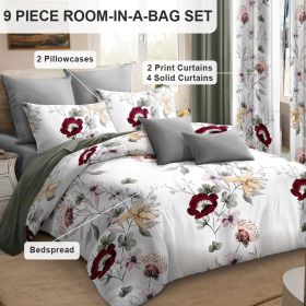 Quilted Bedspread & Curtain Set 9 Piece, Queen Size - Bedding Ensemble with Sheer Filtering Drapes, 1.6" Grommet Top, Machine Washable (Color: Green/White Flowers, size: KING)
