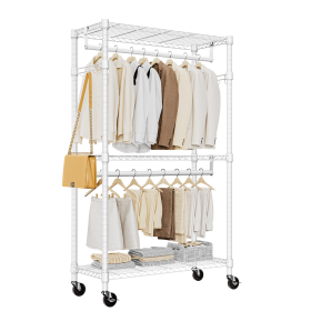 Heavy Duty Rolling Garment Rack 3 Tiers Adjustable Wire Shelving Clothes Rack with 2 Rods and Side Hooks (Color: White)