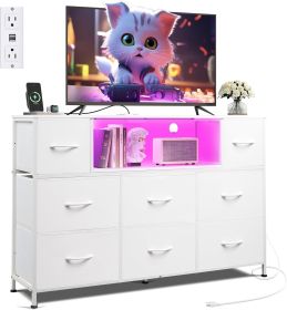 Dresser TV Stand for 45, 50, 55 inch TV, Entertainment Center with LED Lights & Charging Station (Color: White)